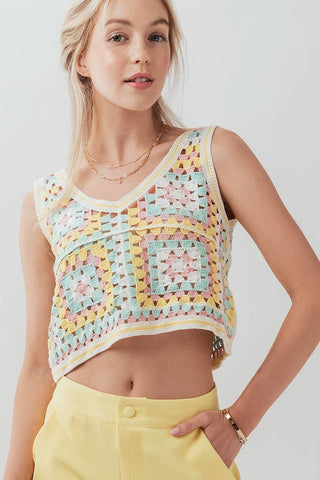 PASTEL GEO CROCHET KNIT CROPPED TANK