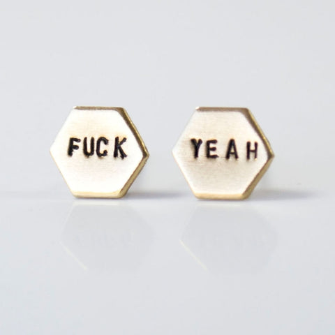 Grey Theory Mill Fuck Yeah Hexagon Stud Earrings