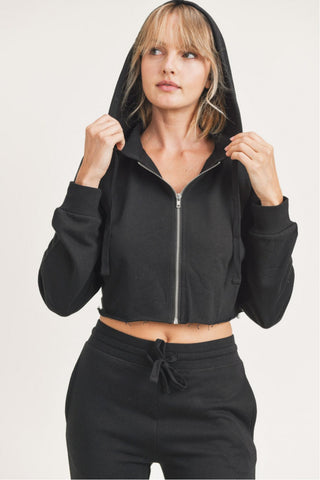 Mono B Crop Hoodie Zip-Up French Terry - Black