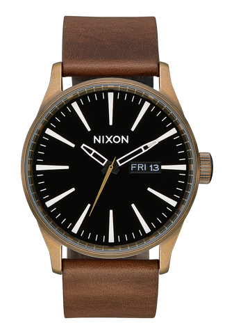 Nixon Sentry Leather Watch - Brass Black Brown